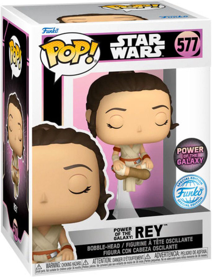 Figurine Funko Pop! exclusive de Rey en posture méditative, issue de la série "Power of the Galaxy".