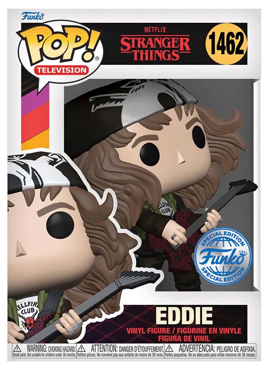 Funko Pop! de Eddie Munson avec sa guitare électrique, version Stranger Things saison 4 (N° 1462). Rock attitude, tenue emblématique et base noire TV : un incontournable pour les fans de Hawkins et les collectionneurs.