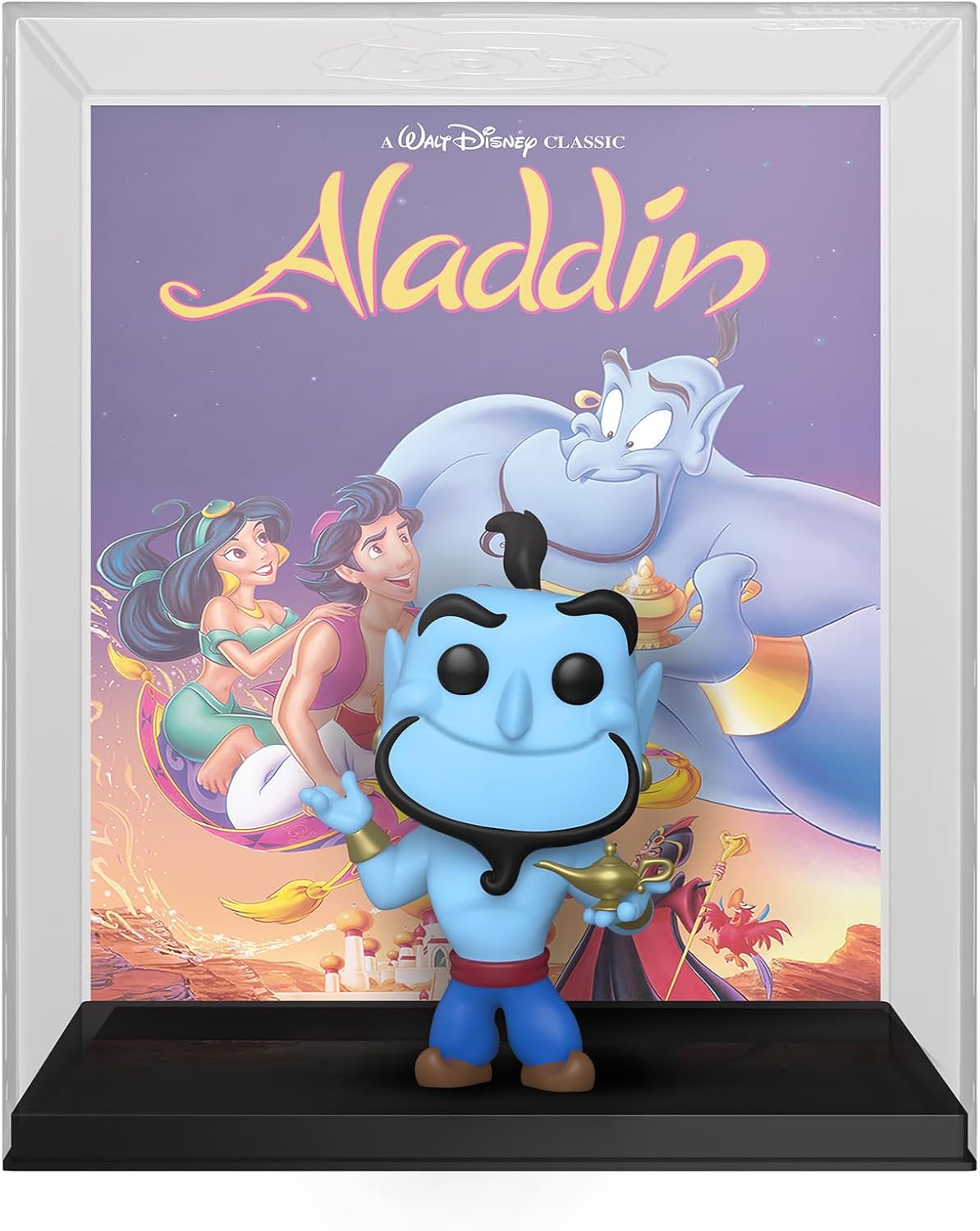 Célébrez l'héritage d'Aladdin avec cette Funko Pop! exclusive du Génie tenant la lampe, accompagnée de la jaquette VHS originale du film.