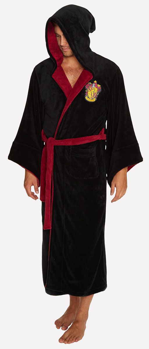 Peignoir doux, chaud et licencié Gryffindor – 100 % polyester, poche avant, capuche, ceinture, taille unique. Confort royal pour fans du sorcier !